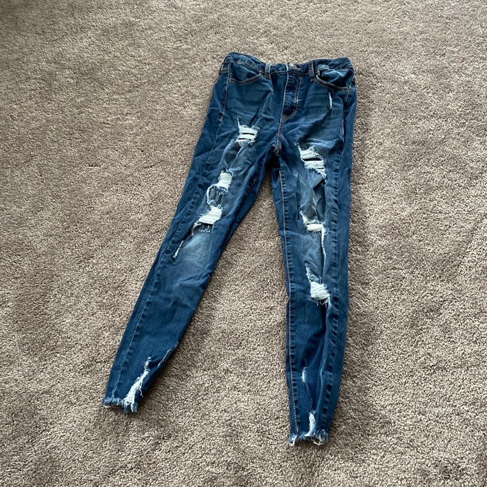 SO High Rise Distressed Ripped Skinny Jeans Raw Hem Dark Wash SIZE 7